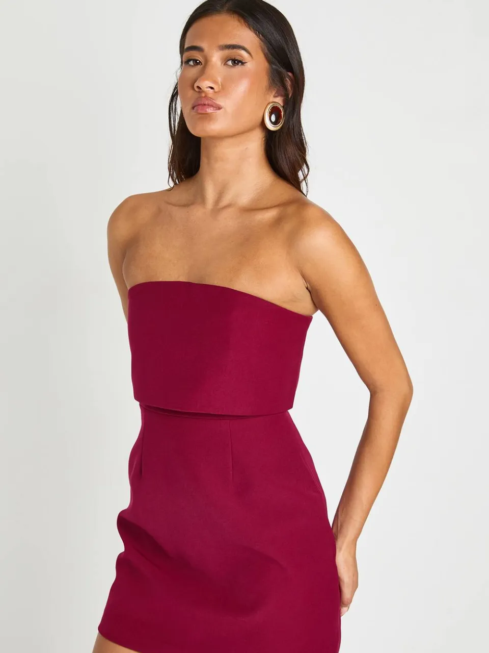 boohoo Dames Gestructureerde Mini-jurk Met Bandeau En Omslag Detail bordeaux rood, foto 3