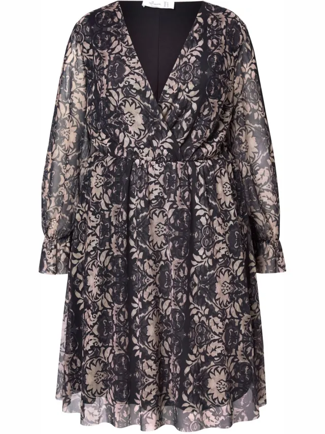 MIAMODA Dames - Jurk A-lijn mesh met all-over print lange mouwen - Zwart