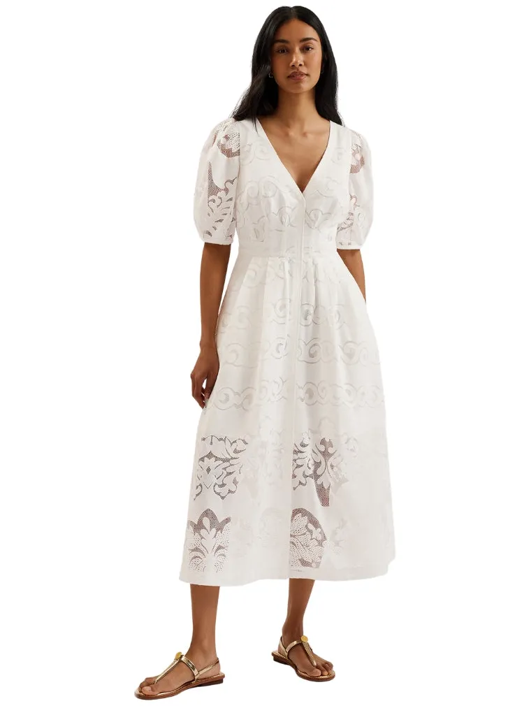 Ted Baker Agnel Kanten Midi-jurk Met Pofmouwen, Wit