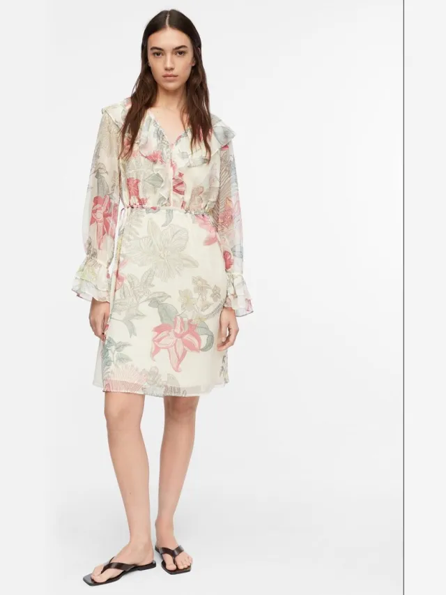 Comma female - Korte crêpe chiffon jurk met volants beige