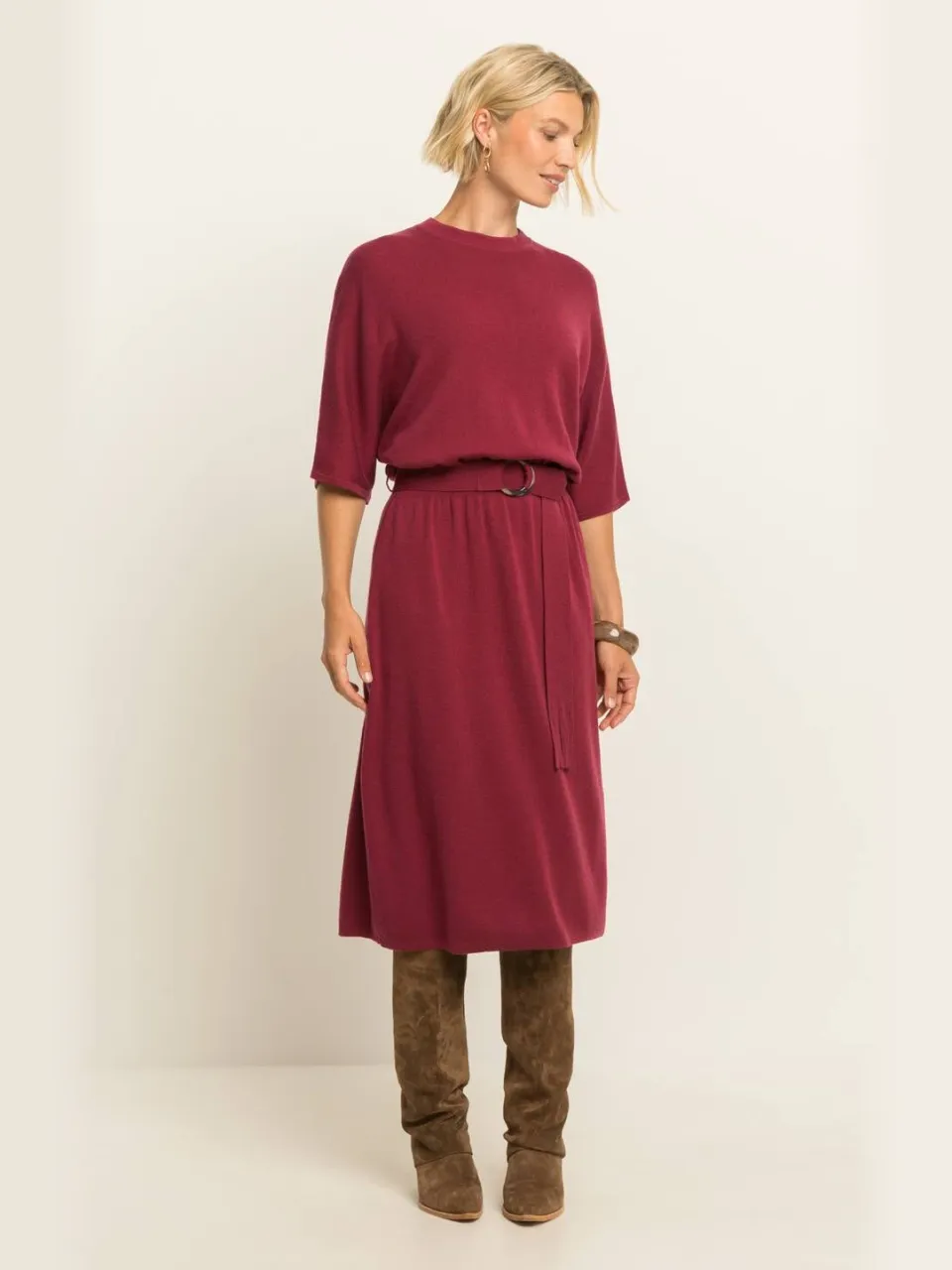 Expresso gebreide midi jurk met ceintuur - rood