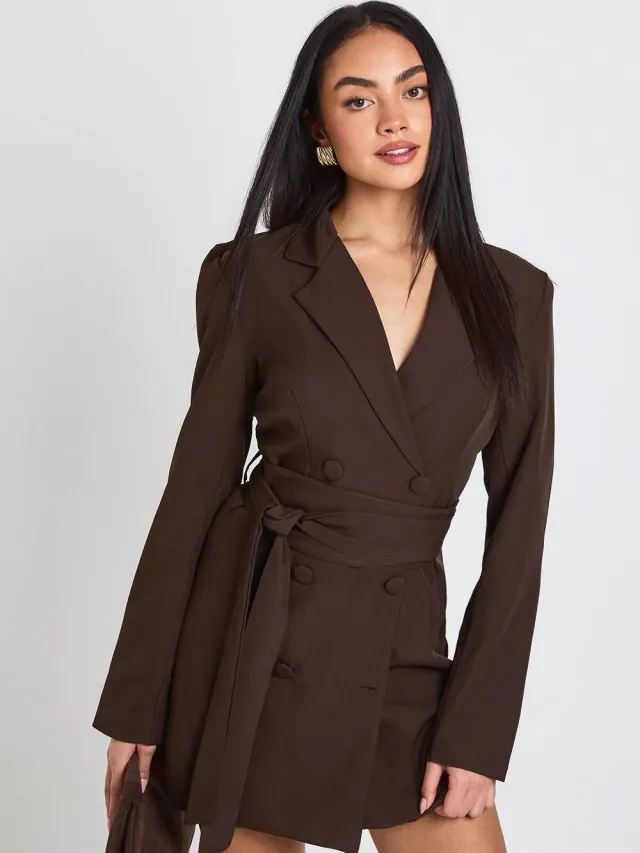 boohoo Dames Obi Strikceintuur Getailleerde Blazer Jurk Espresso