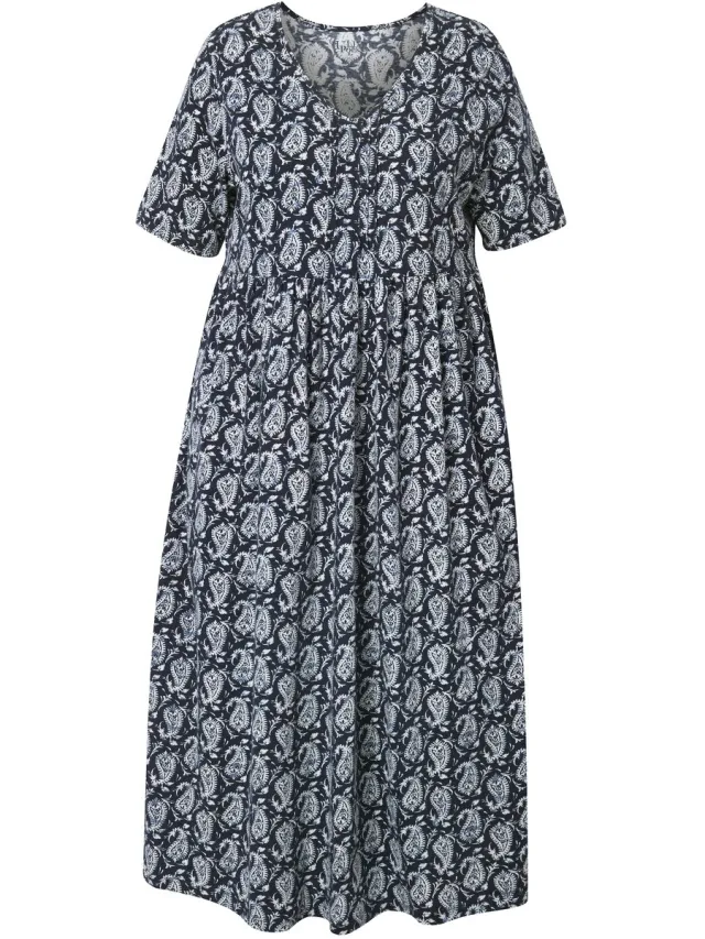 Ulla Popken Dames - Maxi-jurk A-lijn V-hals halve mouwen zakken - Marine - Maat 46+