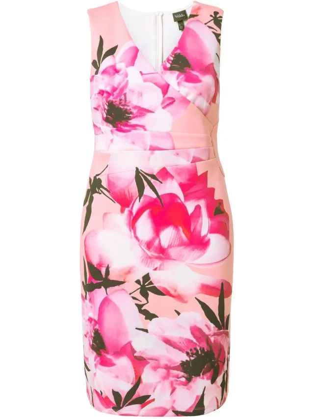 Ulla Popken Dames - Scuba jurk mouwloos bloemen gedrapeerd - Lichtkoraal