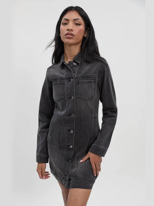 boohoo Dames Western Denim Minijurk Washed Black