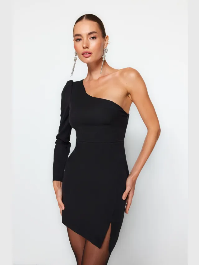 Trendyol TRENDYOLMİLLA Dames Zwart Effen Kort / Mini Lang Stijlvol/Avond Bodycon Jurken
