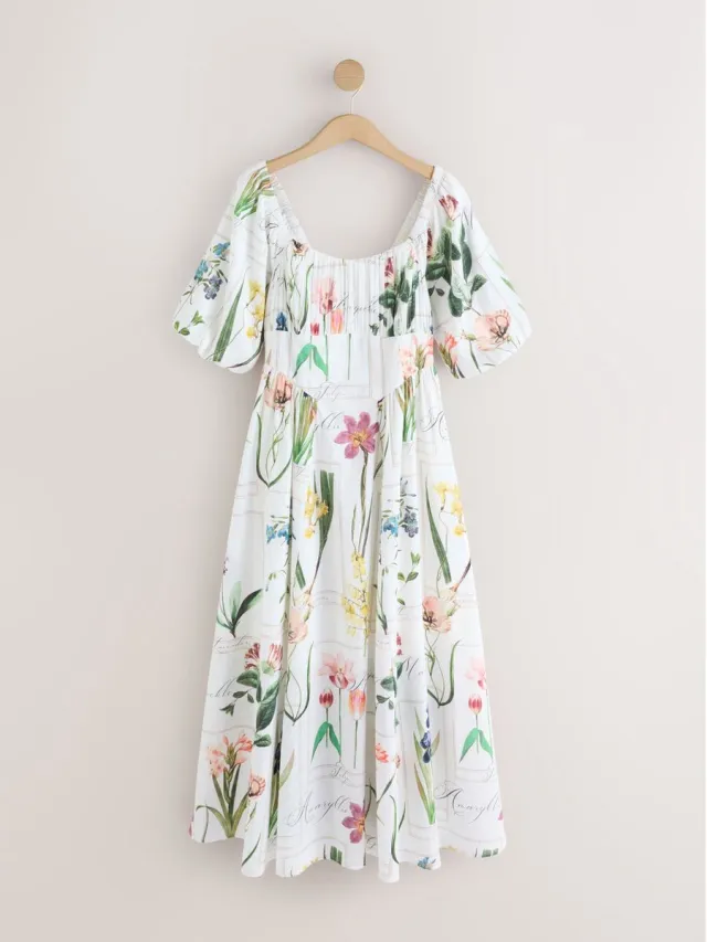 Next Dames - Halflange jurk met pofmouwen - Wit White Floral