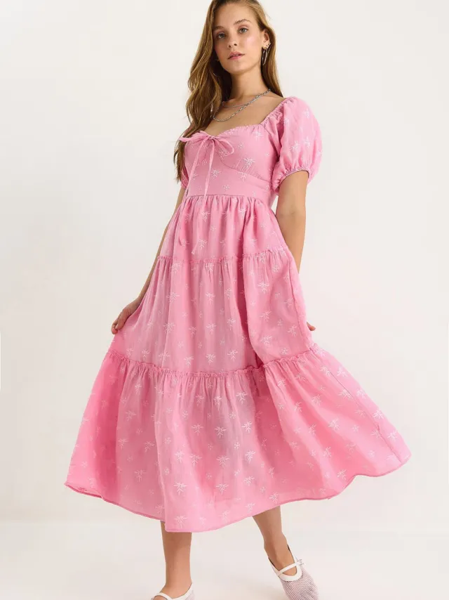 Bianco Lucci Geborduurde Hart Kraag Maxi Jurk Roze