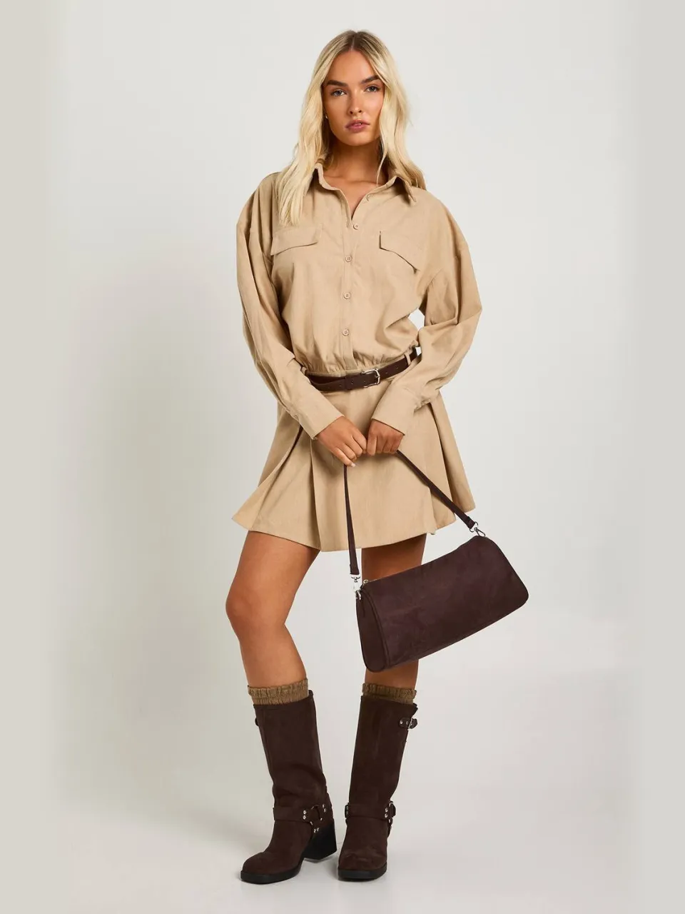 boohoo Dames Cord Blouson Shirt Mini-jurk steen, foto 2