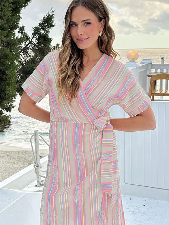 Fashion Musthaves Wrap Jurk Gestreepte Print Neon Multi