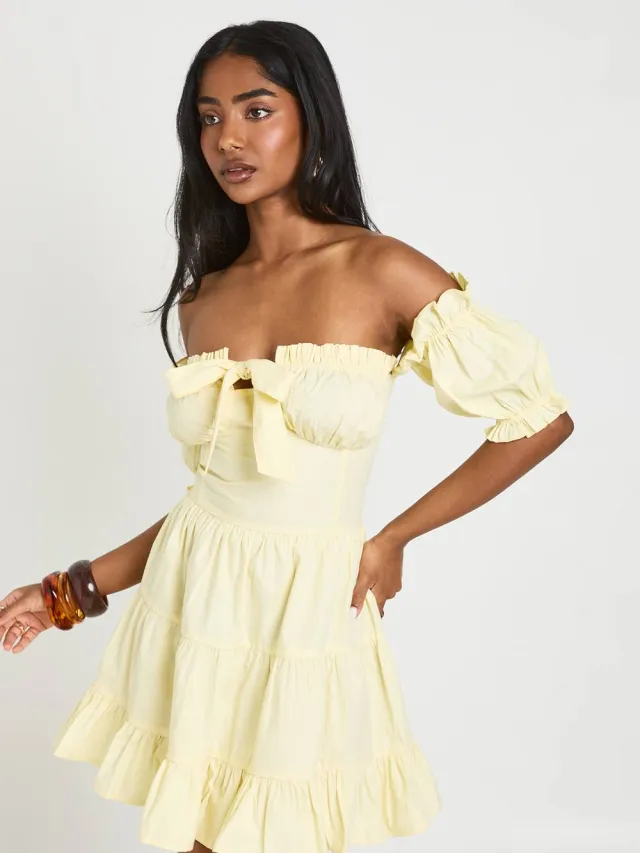 boohoo Dames Mini-jurk Met Gerimpelde Buste En Pofmouwen Citroen
