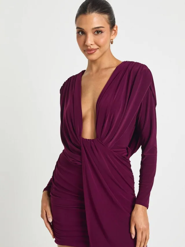 boohoo Dames Geruched Twist Voorkant Drapeer Detail Minijurk pruim, foto 2