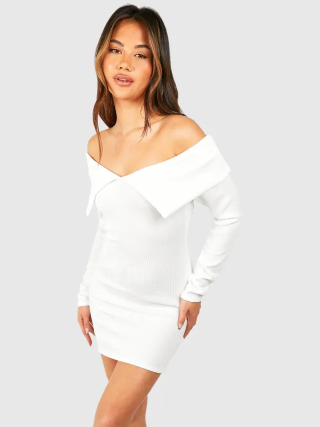 boohoo Dames Bardot Heavy Rib Long Sleeve Mini Dress Crème