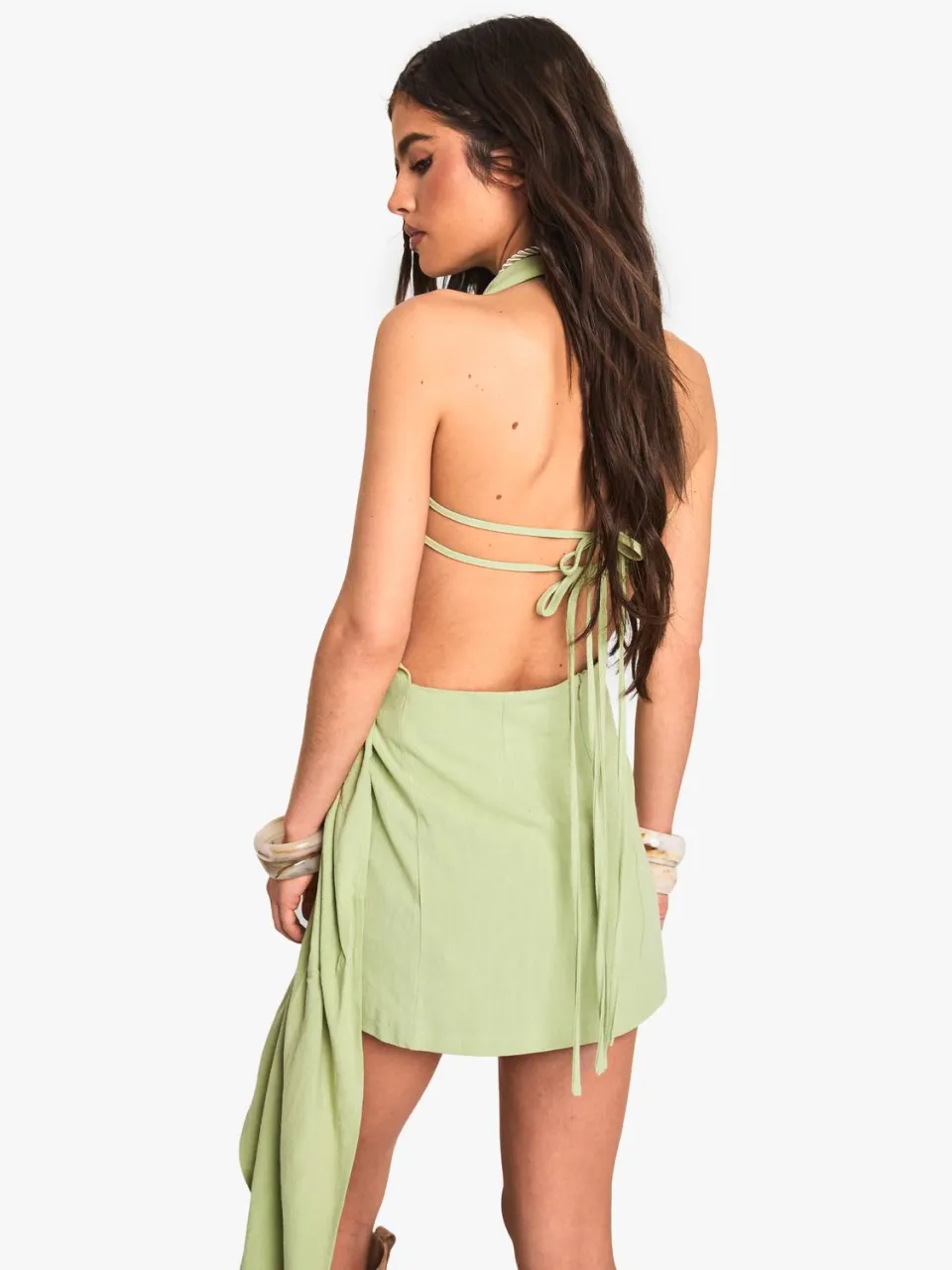 boohoo Dames Linnen-look Drapeer Cowl Wrap Mini-jurk groente, foto 3