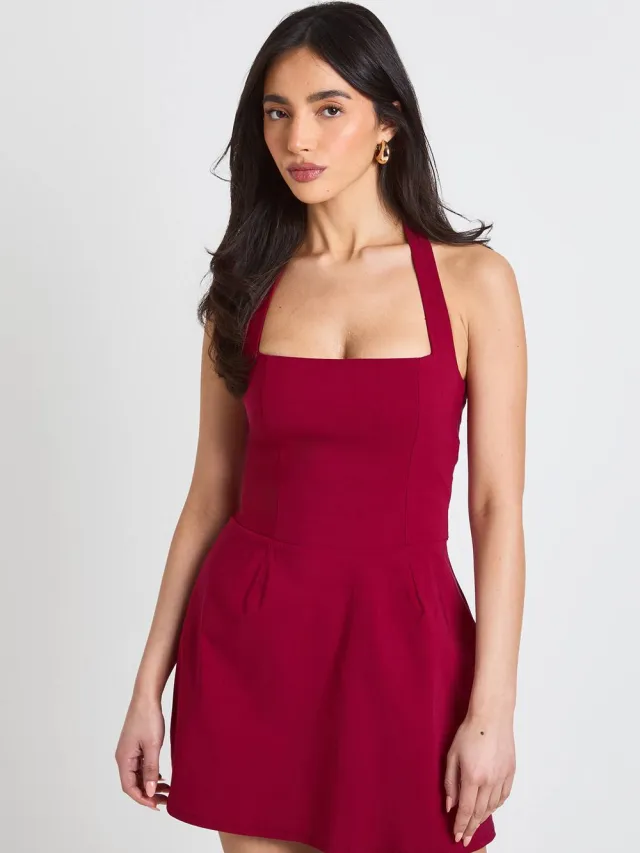 boohoo Dames Vierkante Halter Mini Jurk Kersen