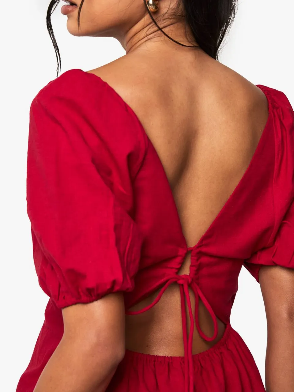 boohoo Dames Linnen jurk met band aan de rug, pofmouwen en midaxi lengte rood, foto 2
