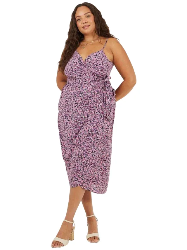 Brave Soul Midi-jurk voor dames met V-hals, afgeronde mouwen en zonder mouwen (Roze)