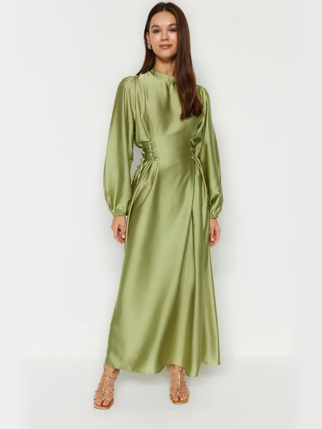 Trendyol Modest Dames Groen Effen Maxi Lang Stijlvol/Avond A-lijn Modest Avond Jurken