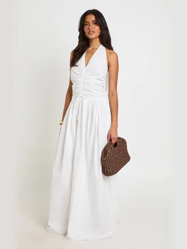 boohoo Dames Katoenen Popeline Halternek Maxi-jurk Met Gerimpelde Voorzoom En Skater-model Wit