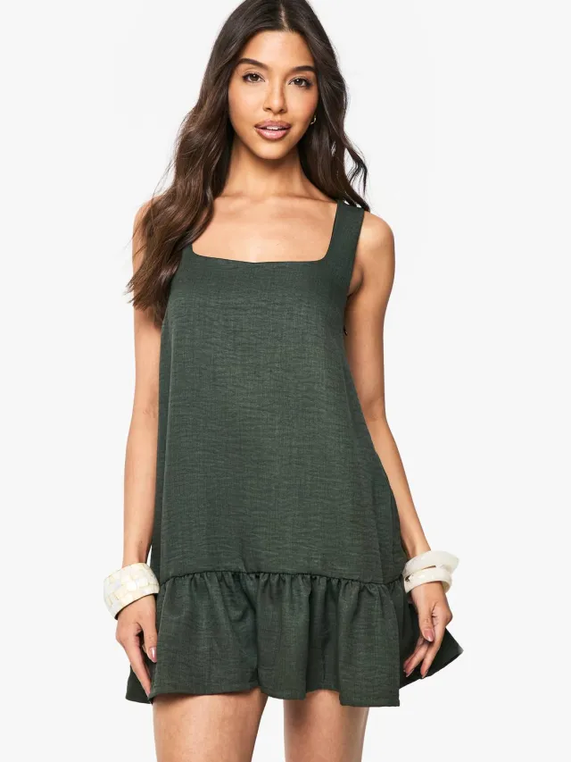 boohoo Dames Linnenlook mini-jurk met vierkante hals en drop zoom Olijf