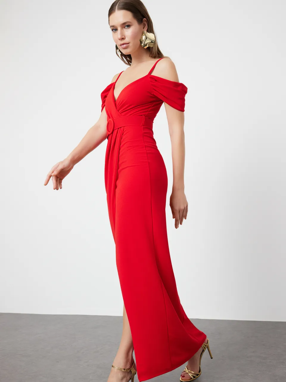 Trendyol TRENDYOLMİLLA Dames Rood Effen Maxi Kort Diploma-uitreiking / Gala Bodycon Avond & Gala Jurk, foto 2