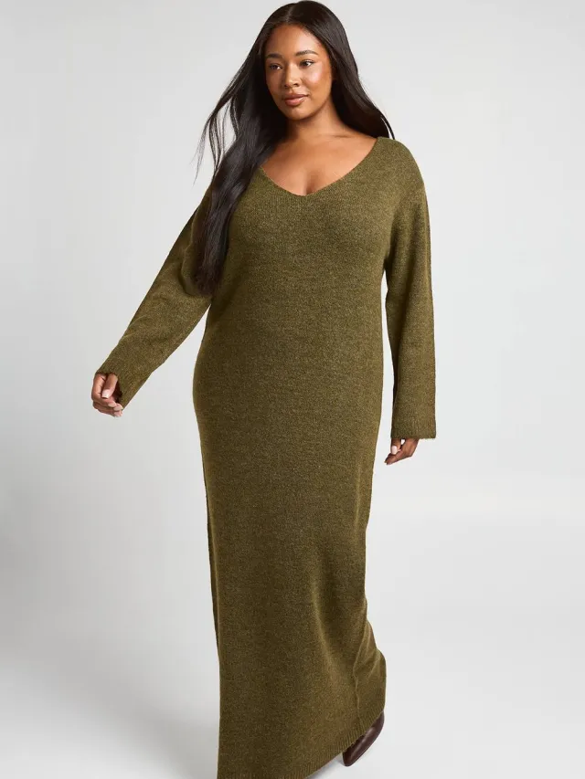 boohoo Dames Plus V-hals Gebreide Maxi Jurk Met Lange Mouwen Olijf
