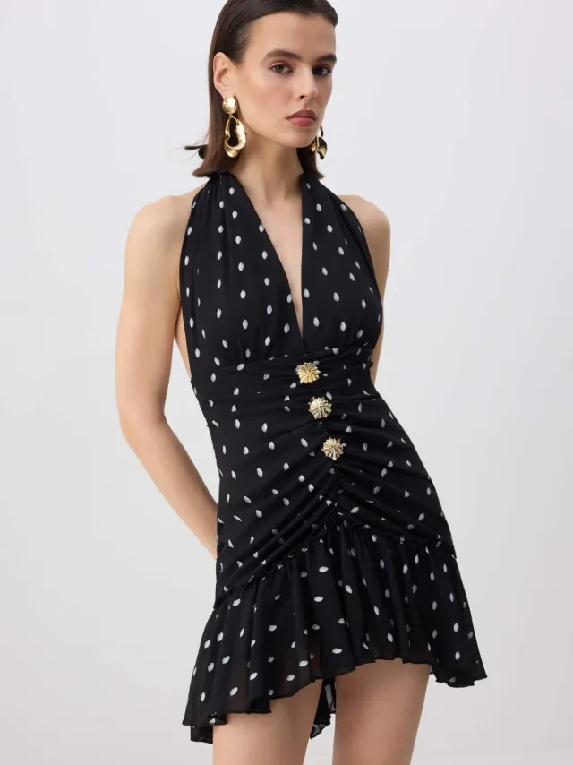 Trendyol TRENDYOLMİLLA Dames Zwart Stippen Extra Kort / Super Mini Mouwloos Skater Jurken