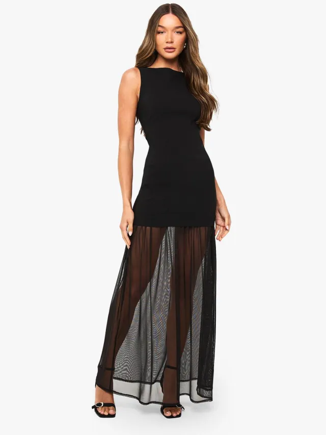 boohoo Dames Doorschijnende Zoom Mouwloze Maxi Jurk Zwart
