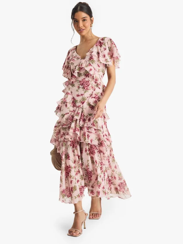 boohoo Dames Bloemen Ruffle Maxi Jurk Roze