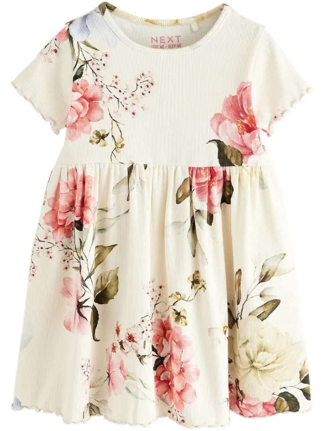 Next Meisjes - Zomerjurk met korte mouwen en rib - Crème Cream Floral