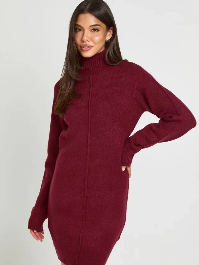 boohoo Dames Gebreide Mini-trui Jurk Met Hoge Hals En Naaddetail Bordeaux Rood