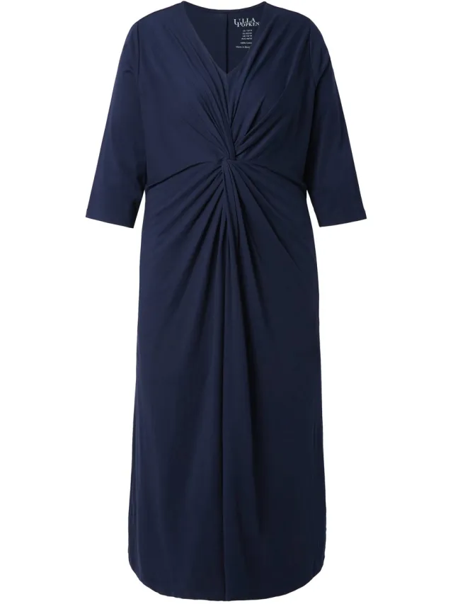Ulla Popken Dames - Maxi-jurk gedrapeerd A-lijn V-hals 3/4-mouwen - Marine - Maat 62+