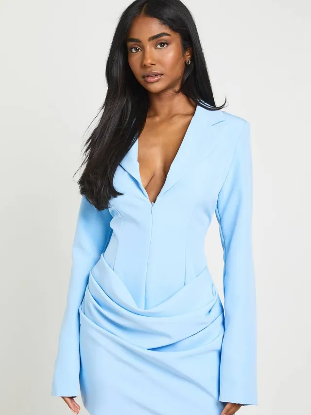 boohoo Dames Blazerjurk Met Gedrapeerd Detail En Getailleerde Snit Pastelblauw