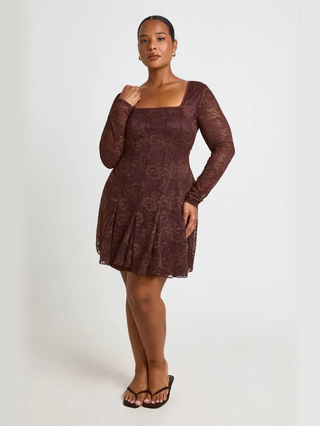 boohoo Dames Plus Kanten Godet Mini Skater Jurk Chocoladebruin