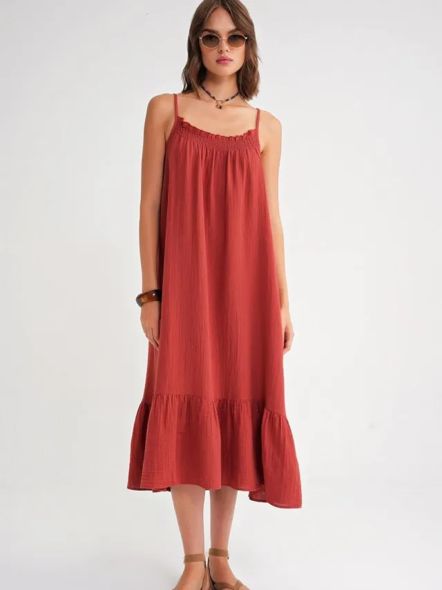 Mixray Midi Musselin Jurk met Rimpeldetails Donkerrood