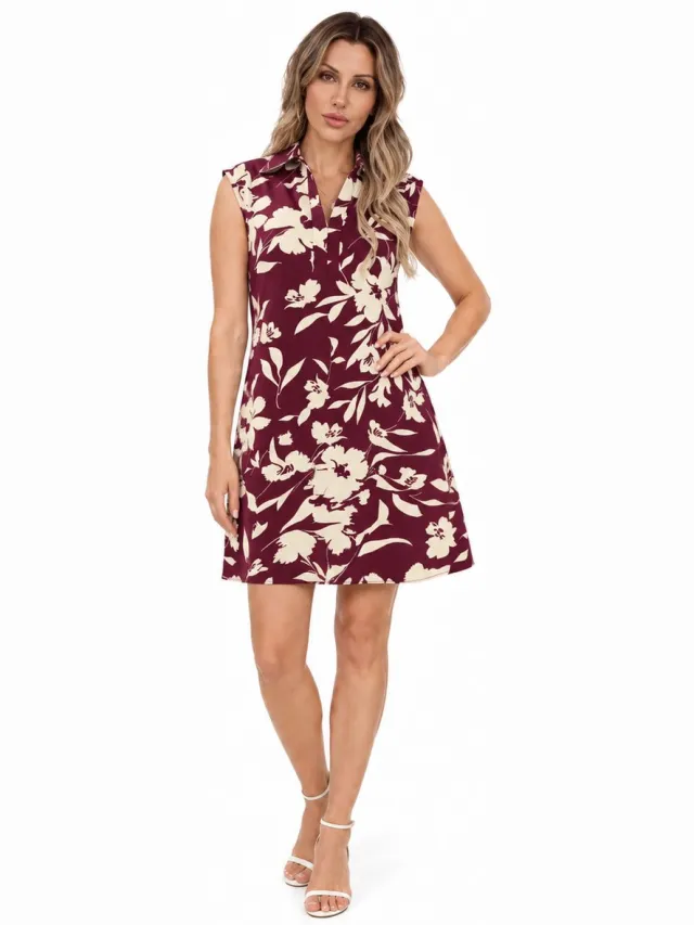 Imily Bela Dames Mini Blousejurk met Bloemenprint, Kraag en Knopen bordeauxrood