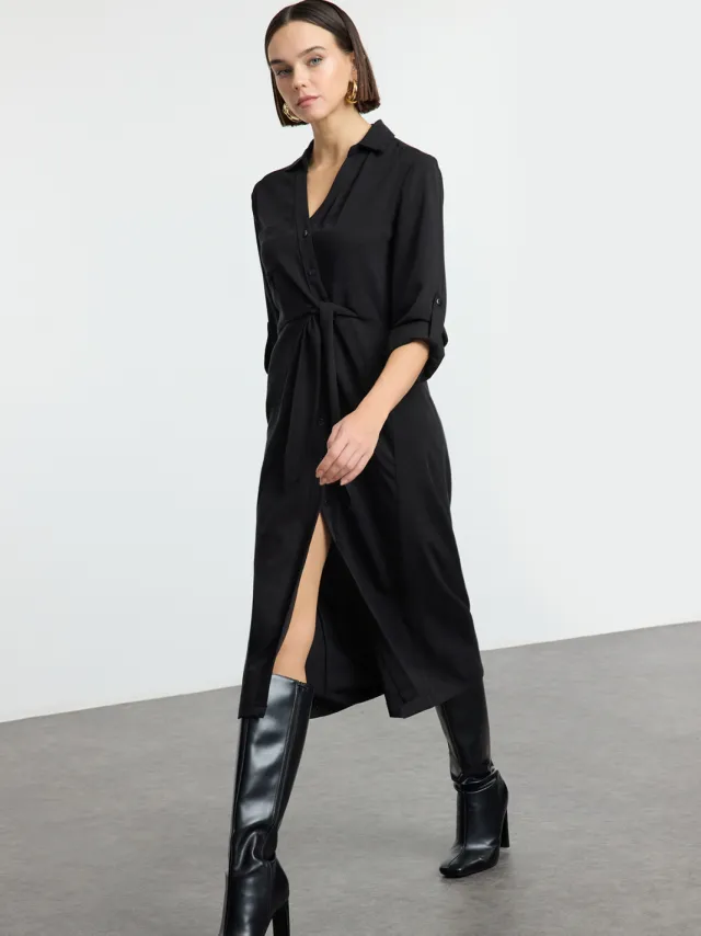 Trendyol TRENDYOLMİLLA Dames Zwart Effen Midi Lang Casual Blousejurk Jurken, foto 2