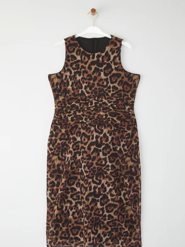 Turkishsouq Curve Damesjurk in bruin met dierenprint, mouwloos, stijlvol/getailleerd, geschikt voor een avondje uit in grote maten