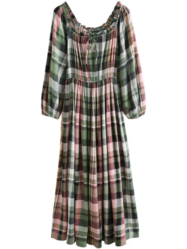 Next Dames - Petite midi-jurk met lange mouwen, strik en vierkanten halslijn - Petite - Groen Green/Pink Check
