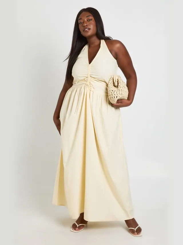 boohoo Dames Plus Maxi Jurk Met Halternek En Ruche Detail Citroen