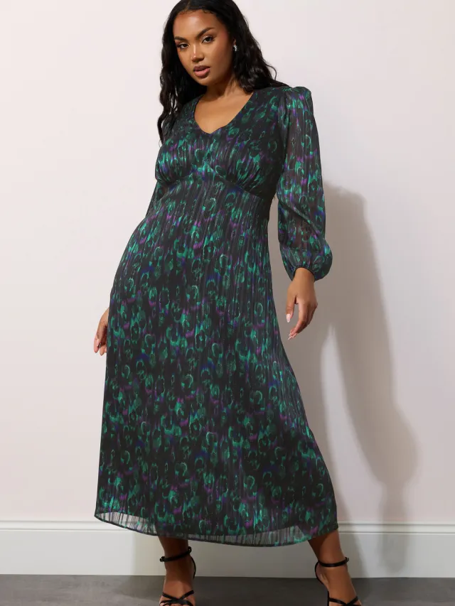 Yours London Midaxijurk Met Pauwenprint In Metallic Zwart/Paars Black