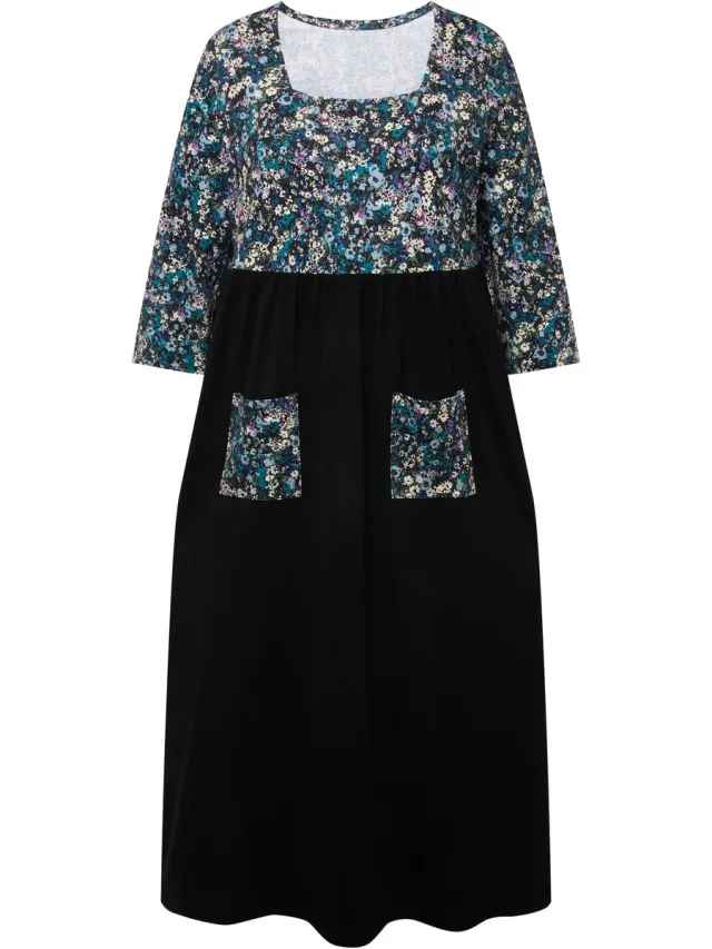 Ulla Popken Dames - Maxi-jurk van jersey bloemen vierkante halslijn 3/4-mouwen - Zwart - Maat 62+