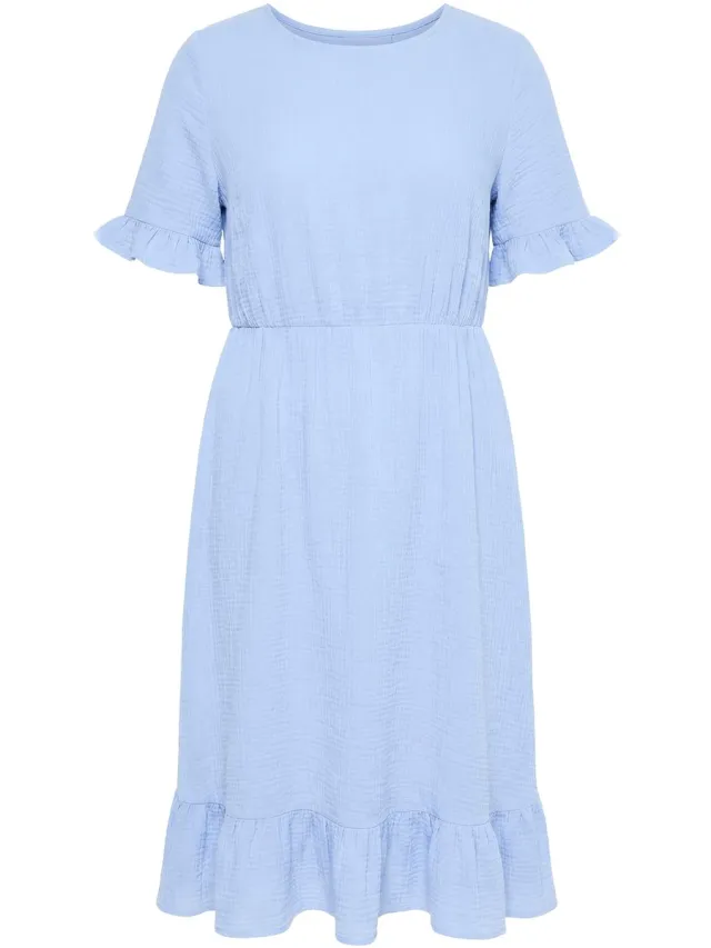MIAMODA Dames - Mousseline jurk midilengte volants korte mouw - Ochtend blauw