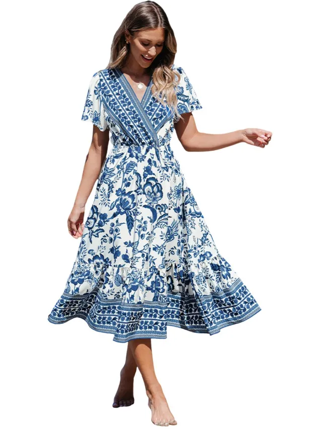 Cupshe Jurk - Geweven - Overslaghals - Korte Mouwen - Elastische Taille - Midi - A-Lijn - Dames - Blauw