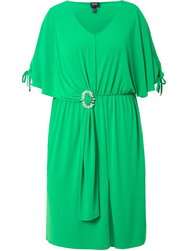 Ulla Popken Dames - Midi-jurk oversized mooie gesp mouwen met rimpelband - Grasgroen - Maat 42+