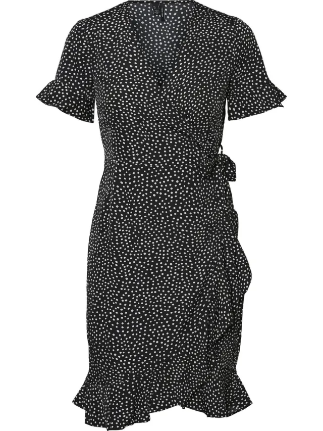 Vero Moda VMHENNA 2/4 WRAP FRILL DRESS NOOS - Bla - Dames Black AOP:Tiny dots