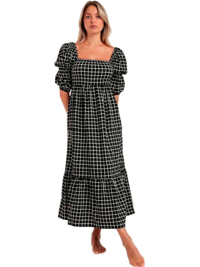 Admas Jurk Admas Dreams zomer maxi-jurk met halve mouwen en vierkante hals Bruin