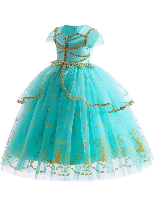 Prinsessendroom Deluxe Jasmine jurk met haarketting - 140 (8/9 jaar) - Prinsessenjurk - Verkleed kleding - Feestjurk Groen