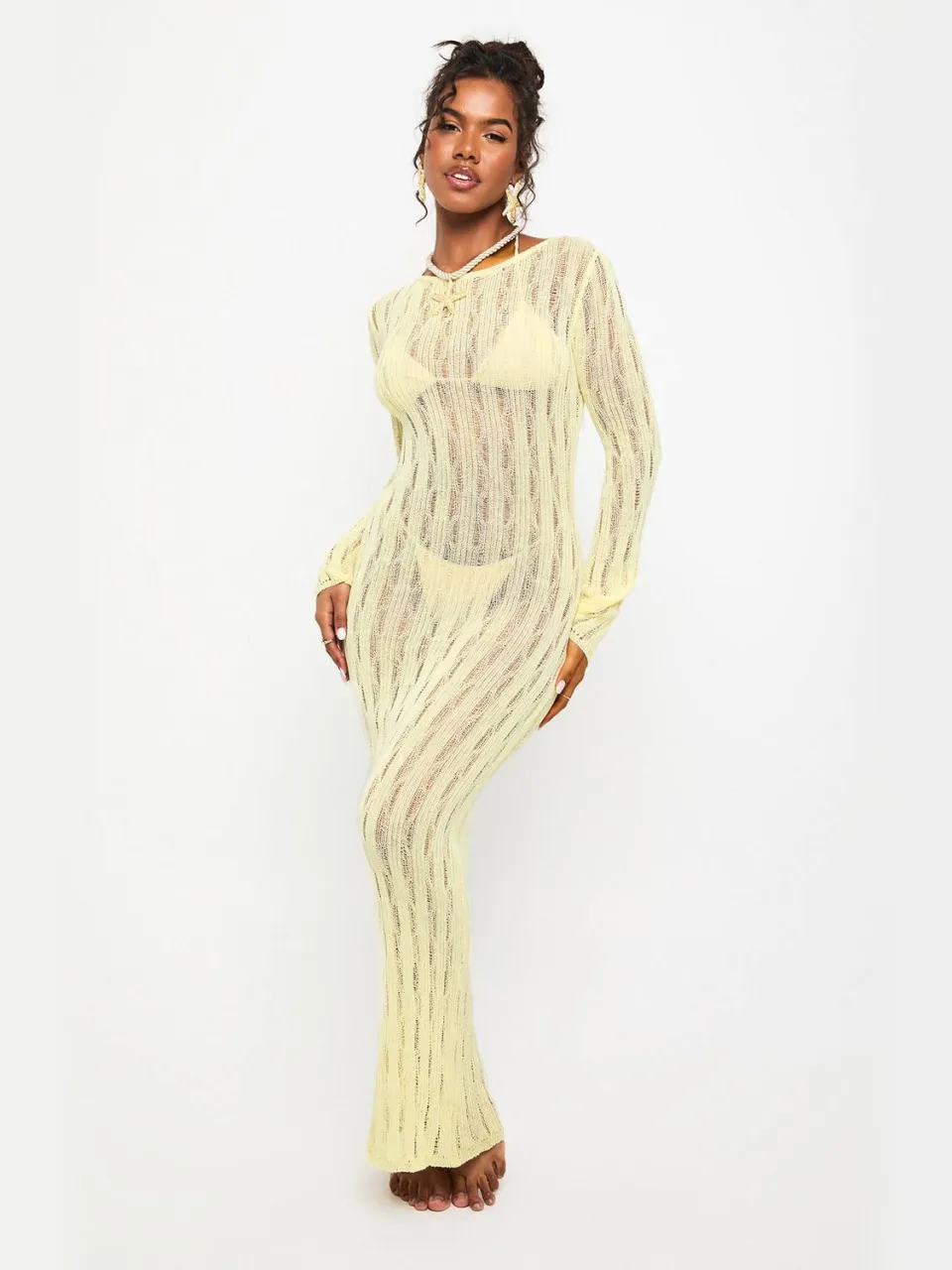 boohoo Dames Scoop Back Langarm Gehaakte Strandjurk Citroen