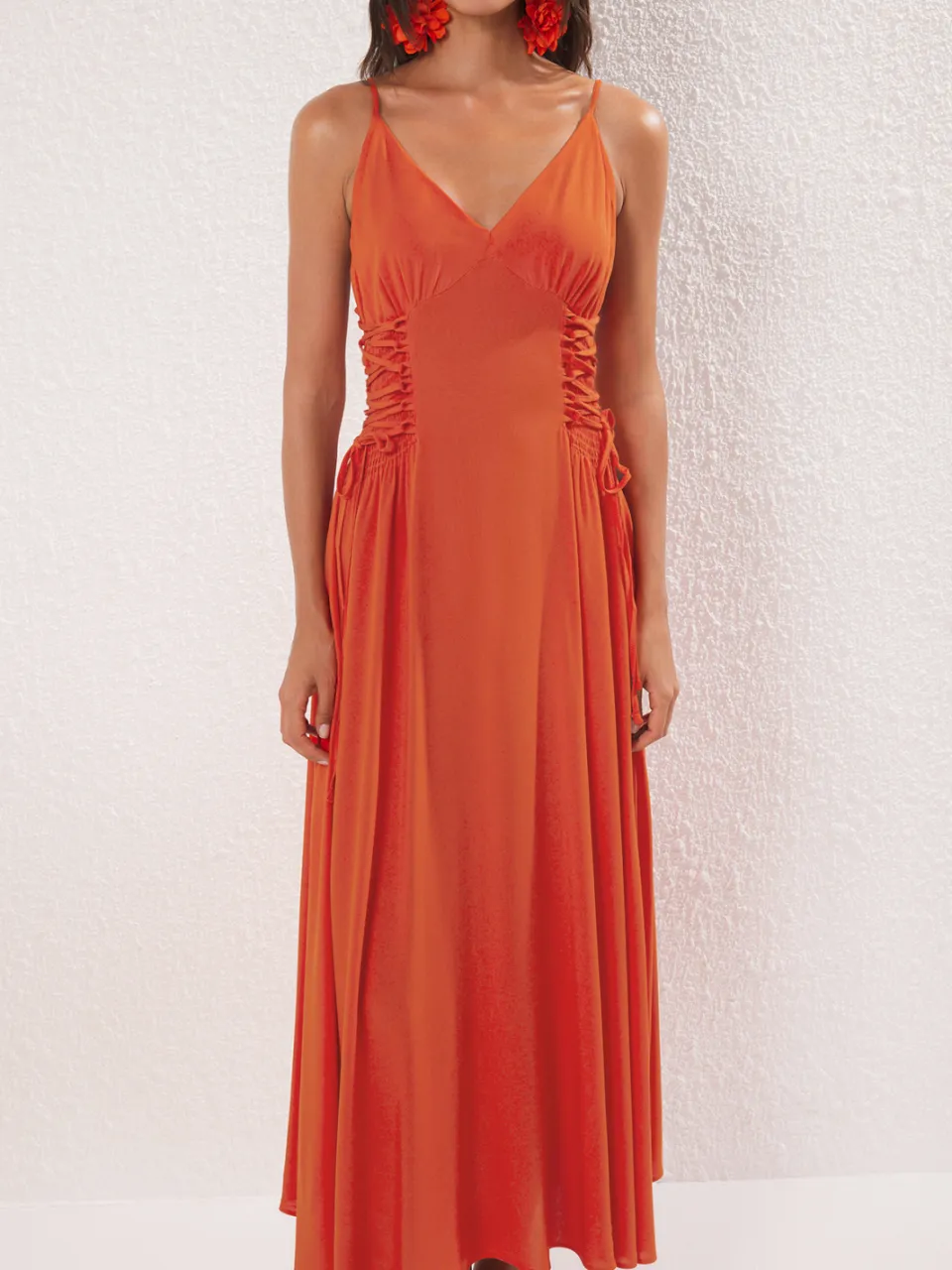 Trendyol TRENDYOLMİLLA Dames Rood Bloemen Maxi Mouwloos Strandkleding Skater Strandjurken, foto 2